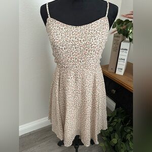Beige Floral Print Women's Dress, zipped up and laced up back, Y2K, Fitted Large